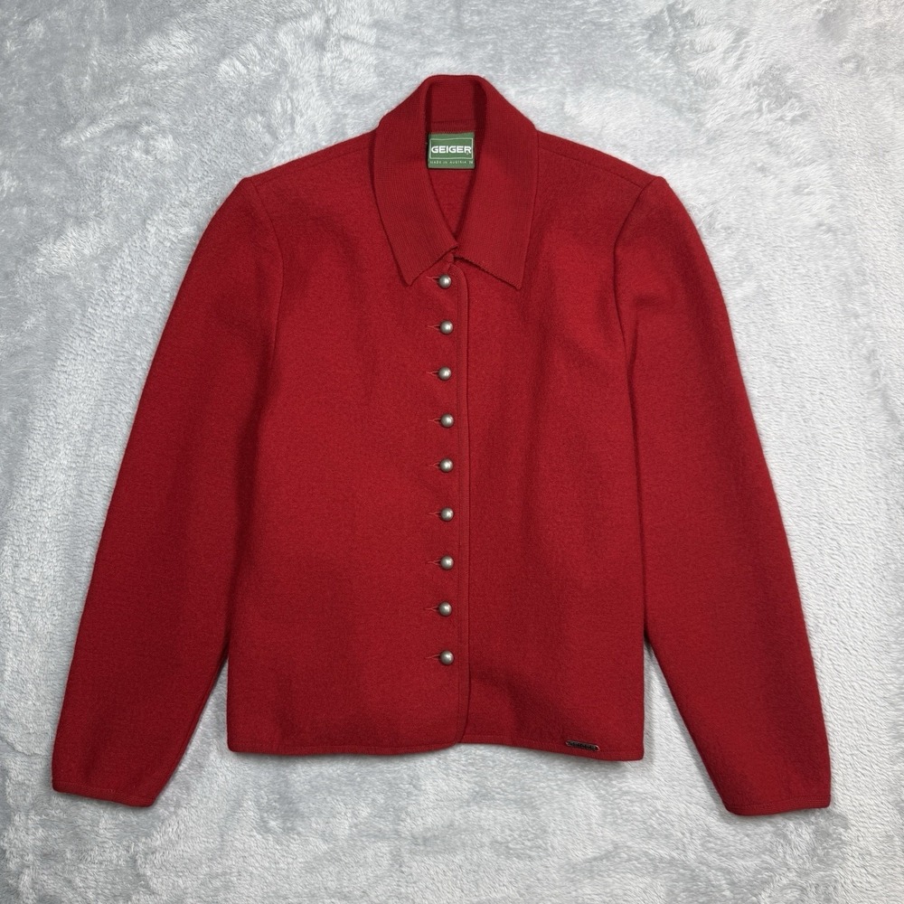 Geiger Boiled‎ Wool Cardigan Sweater Jacket Women 38 Red Collared Coatigan